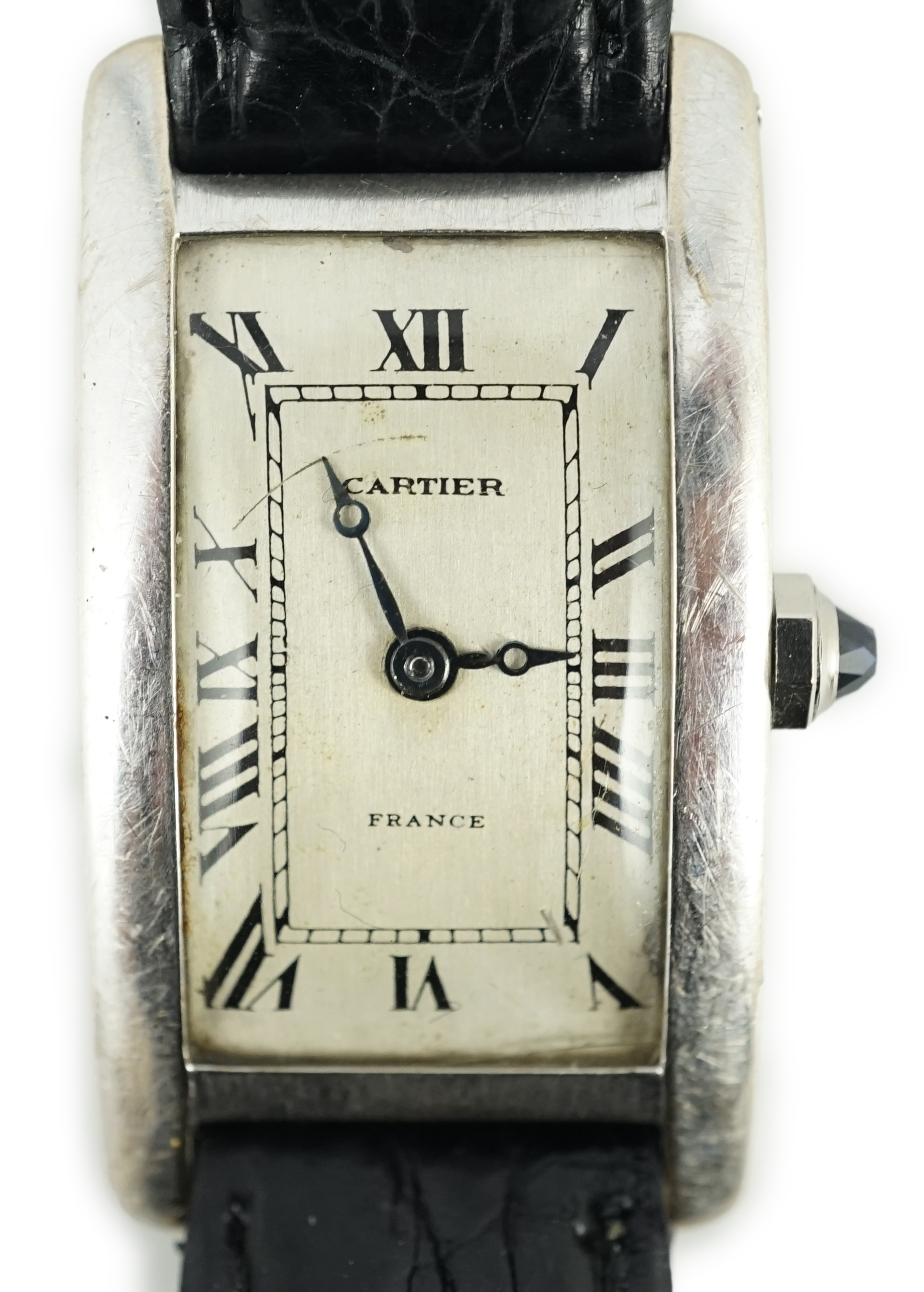 A mid 20th century 18ct white gold Cartier Tank Americane manual wind wrist watch